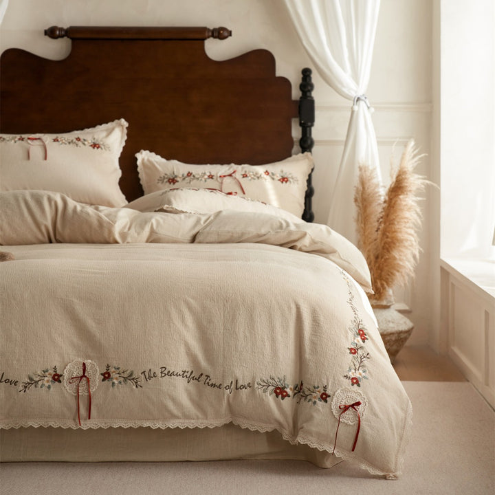 Embroidered Linen Blend Duvet Cover Set with Lace Trim