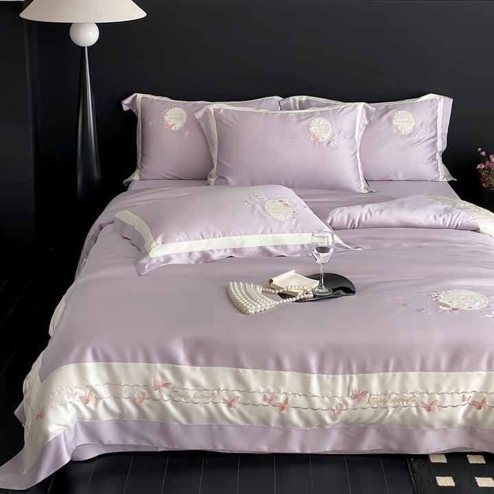 Embroidered Satin-Feel Butterfly Duvet Cover Bedding Set