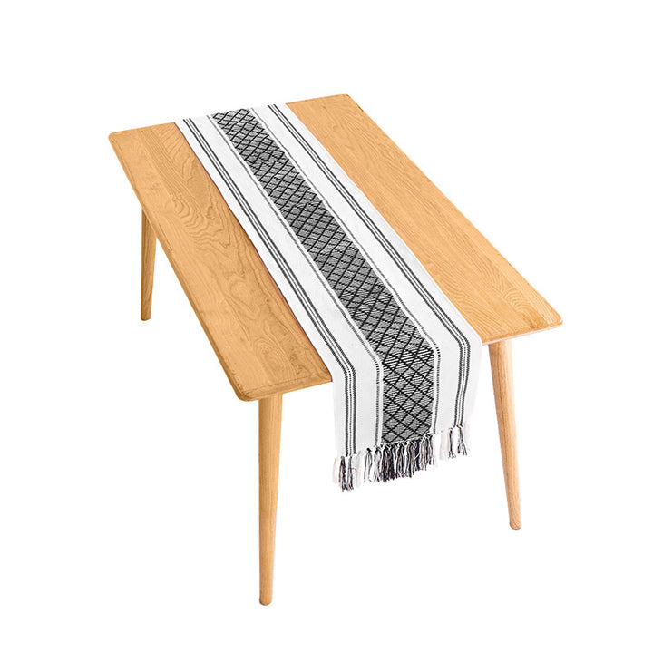 Handwoven cotton table runner with ethnic diamond pattern and fringes Bowlift