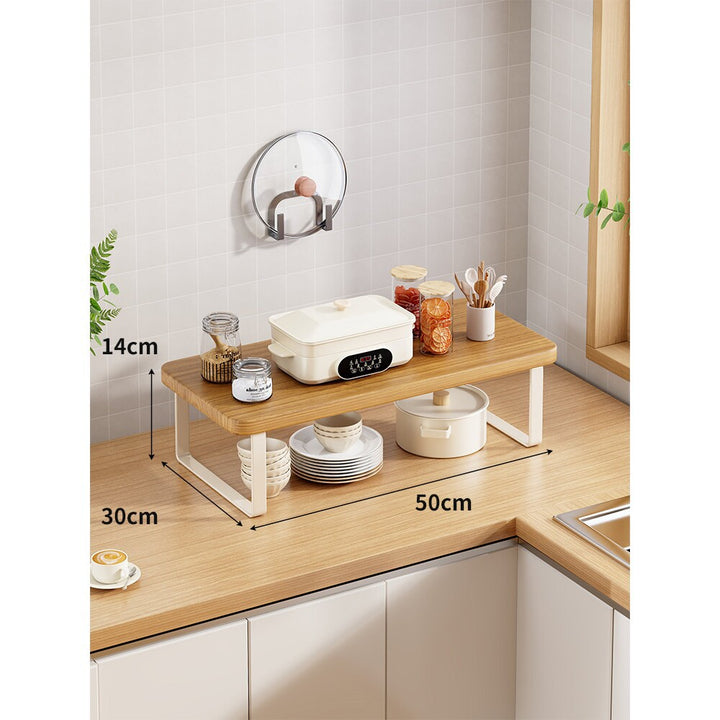 Low-Profile Wood-Top Countertop Appliance and Kitchen Riser Shelf with Metal Frame