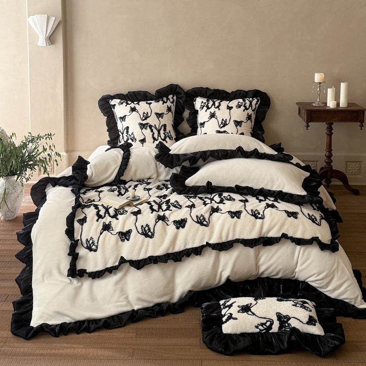Ruffled Embroidered Faux-Shearling Duvet Cover and Sham Set