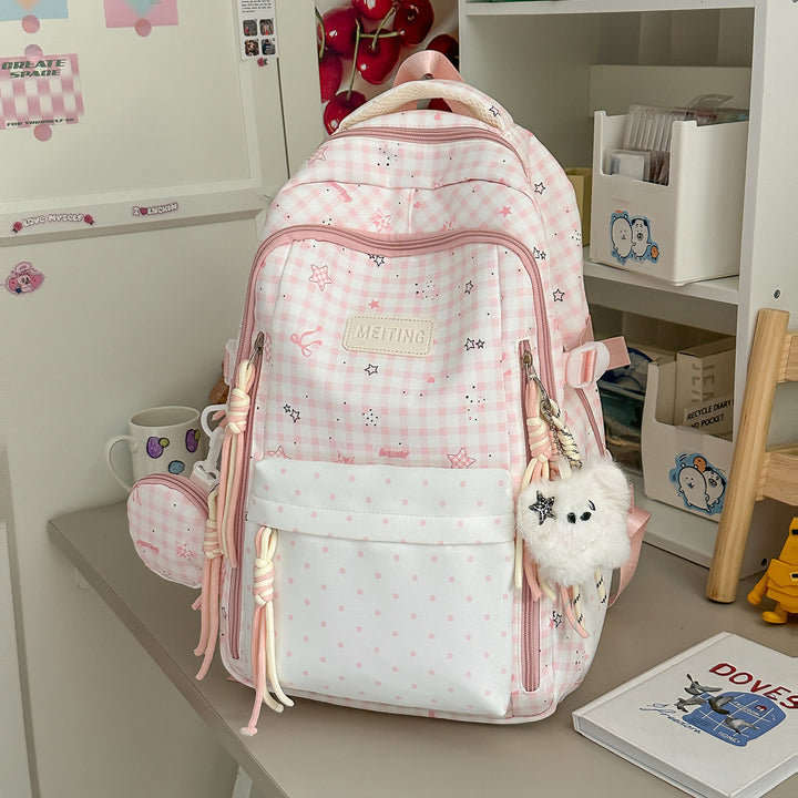 Decorative Plaid and Star Patterned Backpack Bowlift