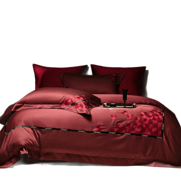 Silk-Blend Rose Embroidery Duvet Cover Ensemble