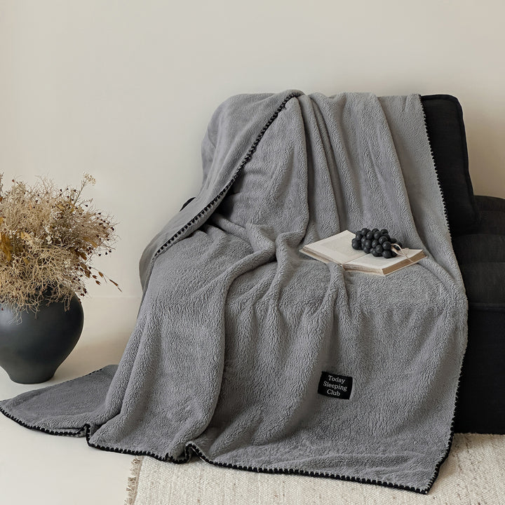 Plush Microfiber Oversized Cozy Throw Blanket with Decorative Pom Trim