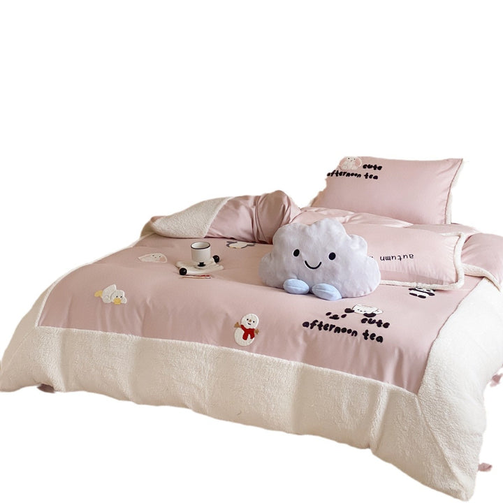 Sherpa-Lined Pink Embroidered Comforter Set