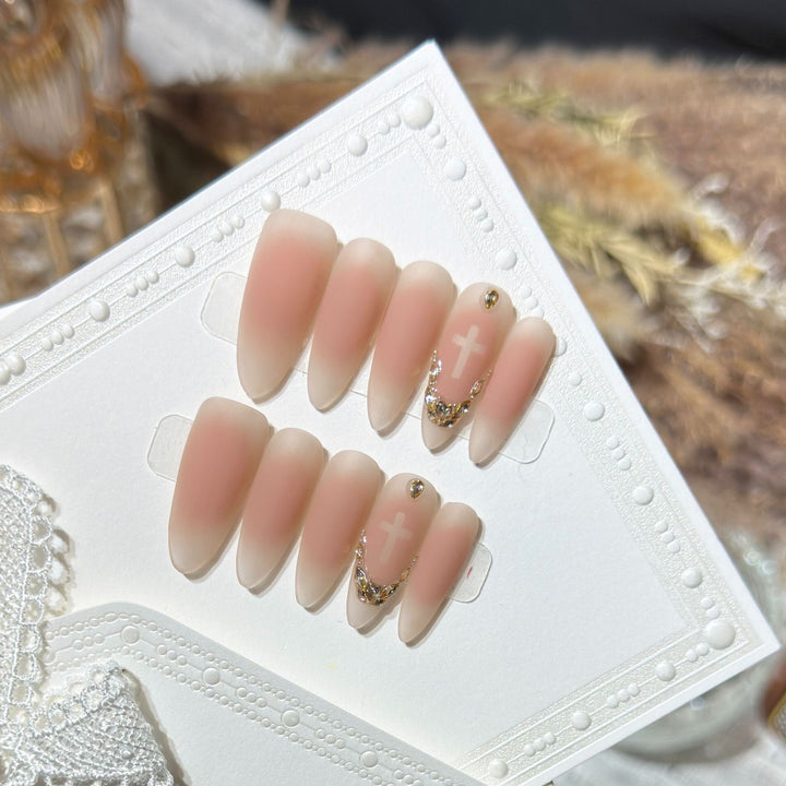 Artistic Press-On Nail Set with Rhinestone Accents
