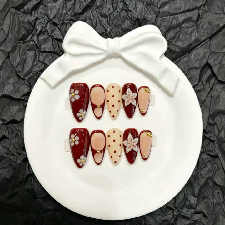 Decorative Press-On Nail Set with Floral and Graphic Design