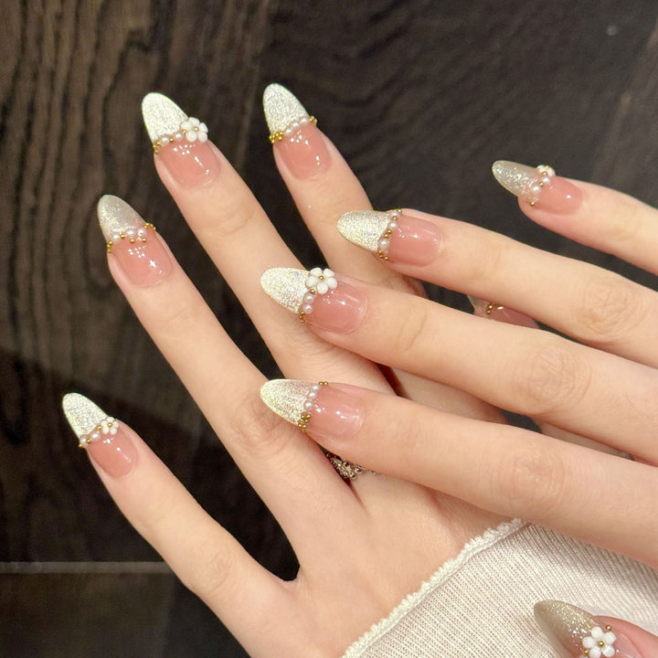 Decorative Glitter Press-On Nails with Floral Accents