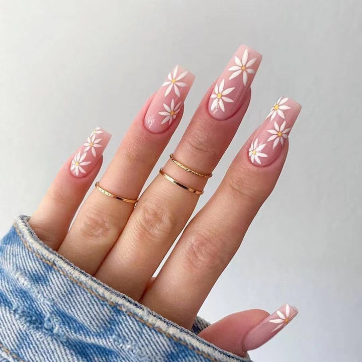 Daisy-Decorated Long Acrylic Press-On Nails Bowlift