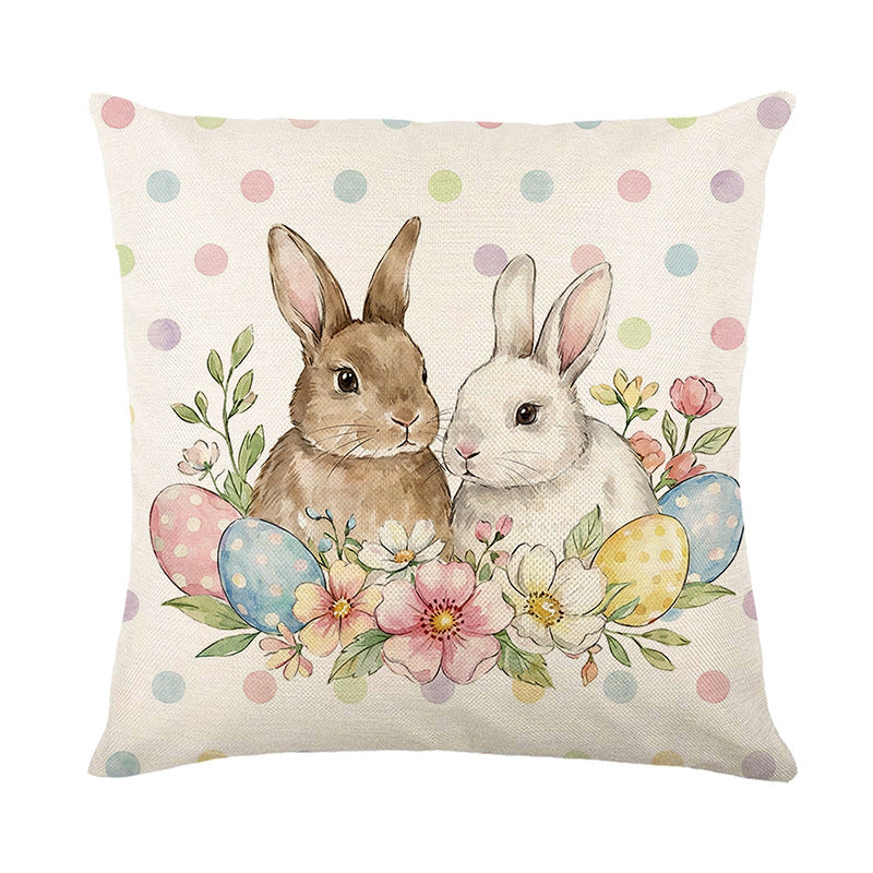 Watercolor Easter Bunny Polka-Dot Linen-Texture Throw Pillow Cover