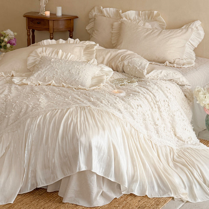 Ruffled Floral Embroidered Linen Duvet Cover Set