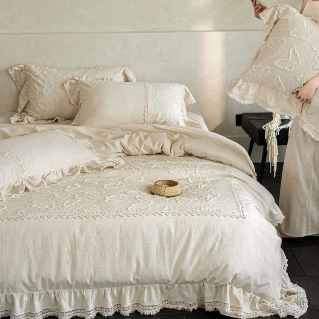 Linen bed linen set in Boho style with ruffles, relief embroidery and stonewashed finish