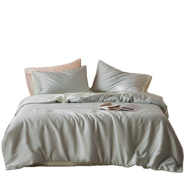 Luxurious cotton satin bedding set with a silky-matte feel, reversible function, and fine piping