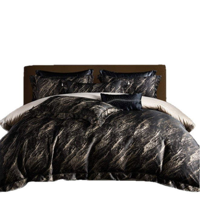 Marble-Effect Luster Satin Duvet Cover Set with Reversible Lining and Matching Shams