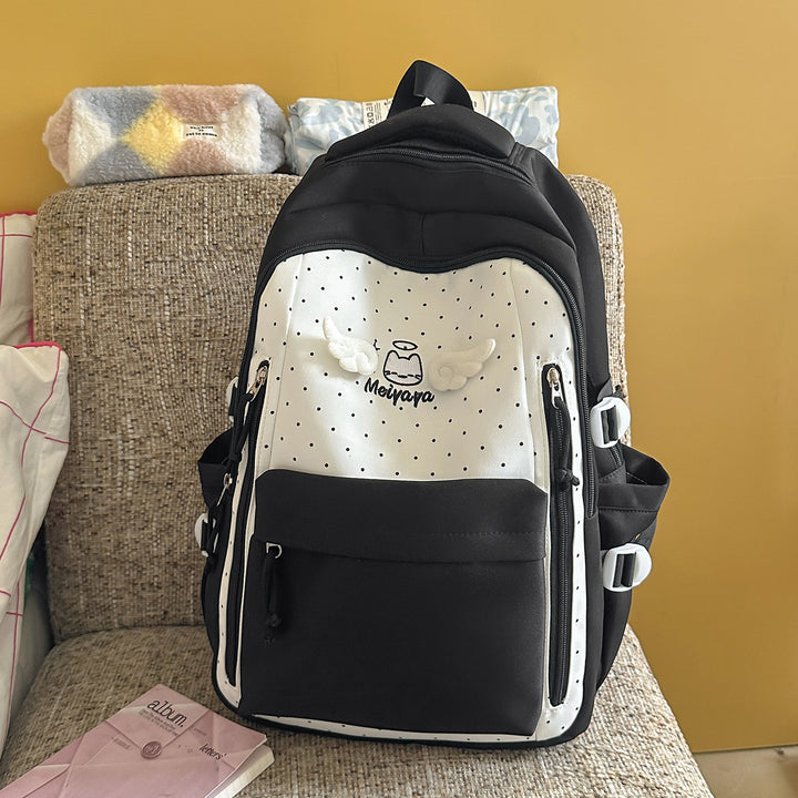 Stylish Dot-Printed Backpack with Decorative Accents Bowlift