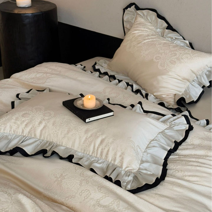 Contrast-Trim Ruffled Jacquard Duvet Cover Set