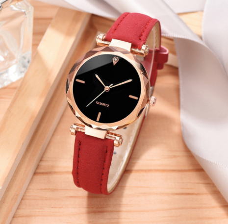 BowLift | Red Frameless Diamond Cutting Wristwatch Genuine Leather Watch