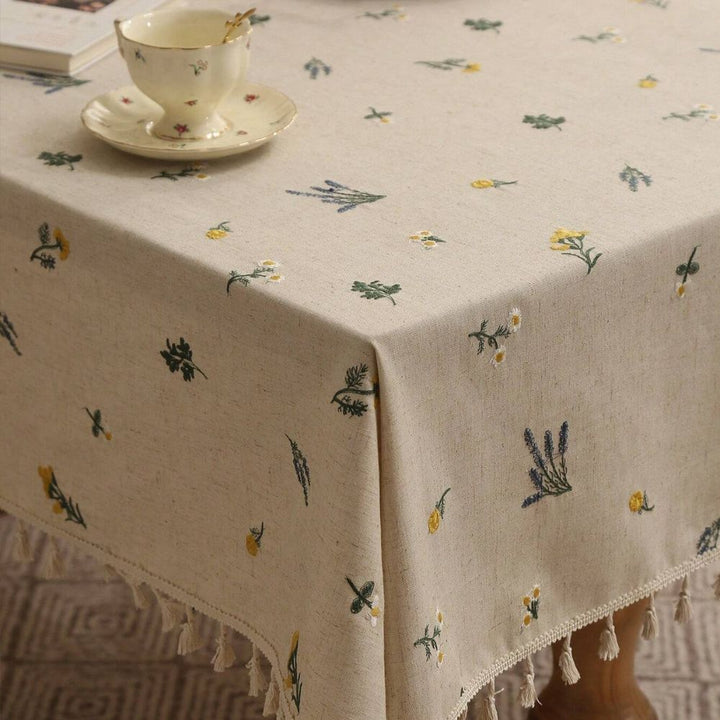 Embroidered Wheat Pattern Tablecloth with Tassel Trim in Microfiber Blend