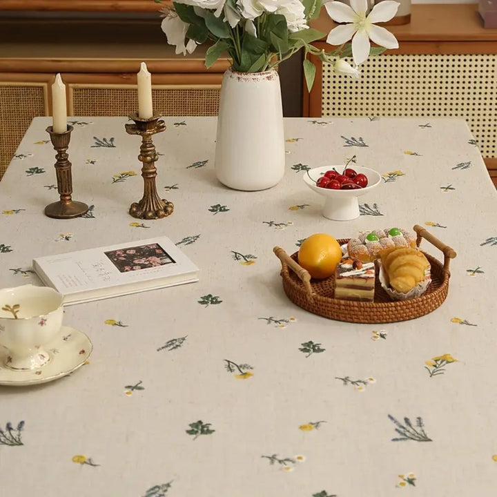 Embroidered Wheat Pattern Tablecloth with Tassel Trim in Microfiber Blend