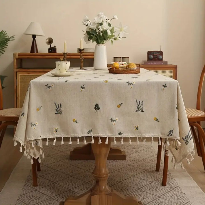 Embroidered Wheat Pattern Tablecloth with Tassel Trim in Microfiber Blend