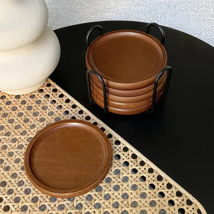 BowLift | Rustic Wooden Coasters Metal Holder | 6pcs Set