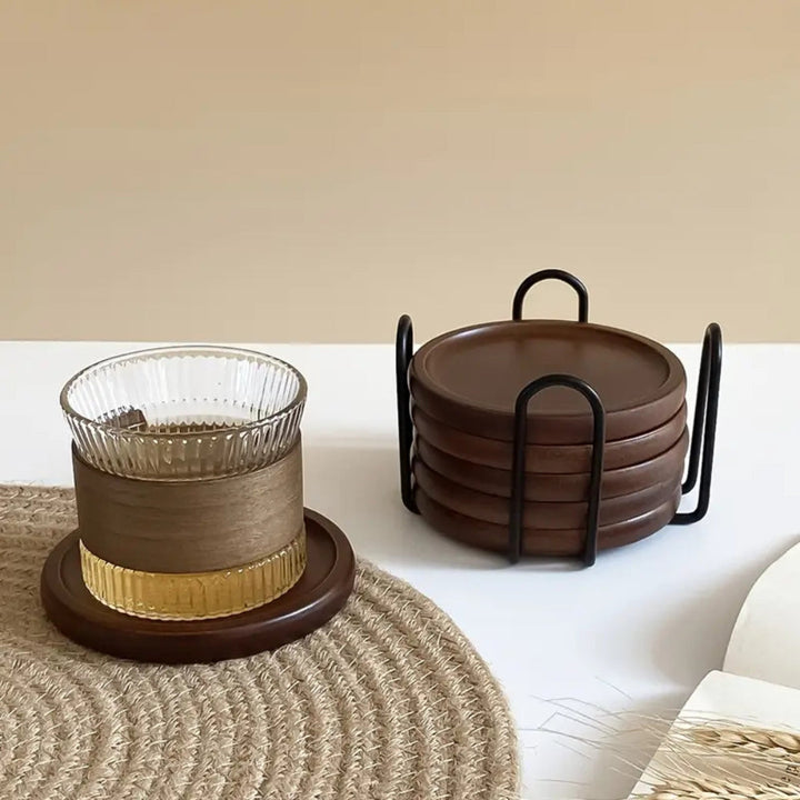 BowLift | Rustic Wooden Coasters Metal Holder | 6pcs Set