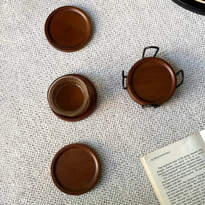 BowLift | Rustic Wooden Coasters Metal Holder | 6pcs Set