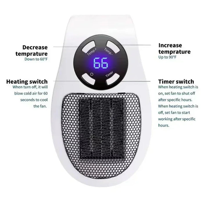 BowLift | ThermoEase 350W Compact Heating Device | Wall Socket Heater with Remote Control | LED Display & Timer | 180° Rotating Plug