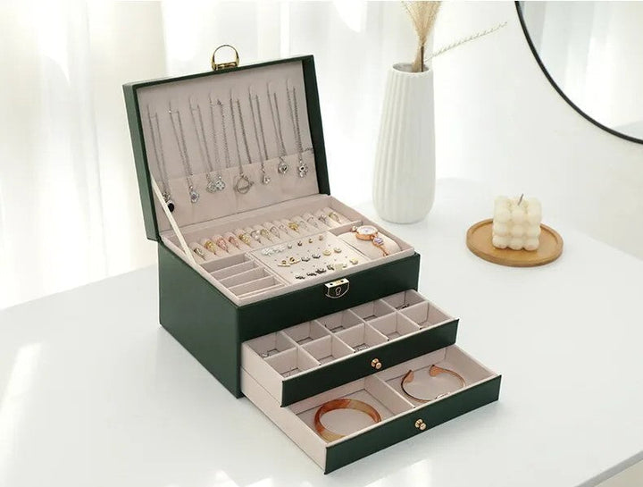 Lockable Leather Jewelry Box with Multi-Layer Storage