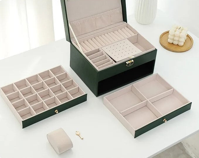 Lockable Leather Jewelry Box with Multi-Layer Storage