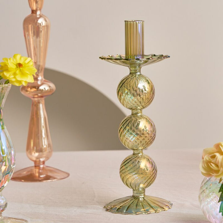 Ribbed Glass Candle Holders - Green | Bowlift
