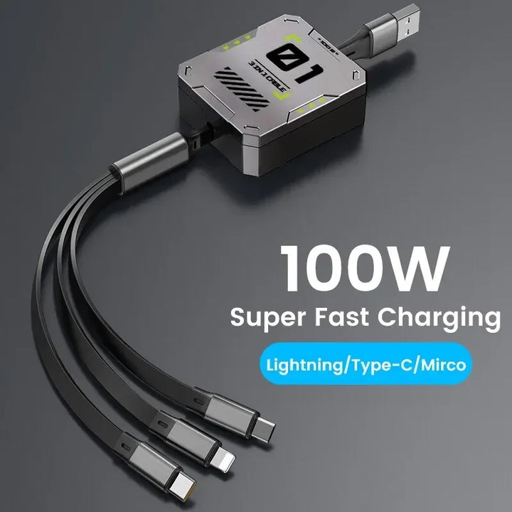 BowLift | TriConnect charging cable | 3-in-1 & retractable | 100W fast charging | for iPhone & Android