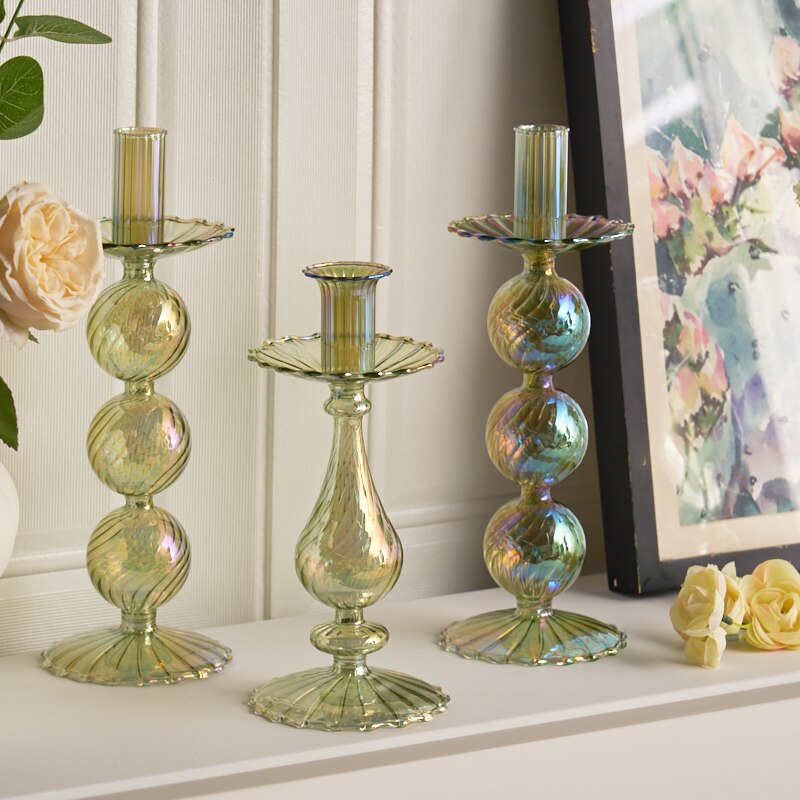 Ribbed Glass Candle Holders - Green | Bowlift