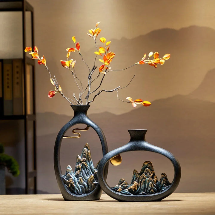 BowLift | TranquilPeak – Artistic Ceramic Mountain Landscape Vase | Elegant Black Interior Decor