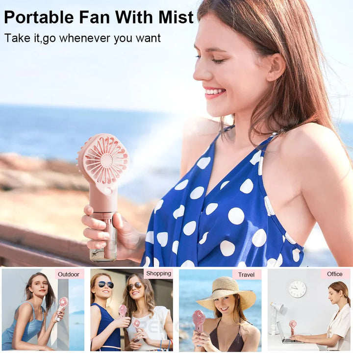 BowLift | Brisella Air Mini Hand Fan with Air Humidifier | 4-Stage Spray Function | USB Rechargeable | Portable & Quiet