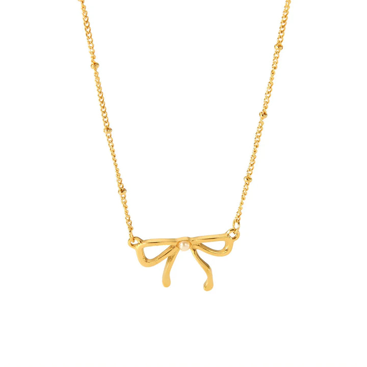 BowLift | 18k Feminine Bow Herringbone & Dainty Pearl Necklace