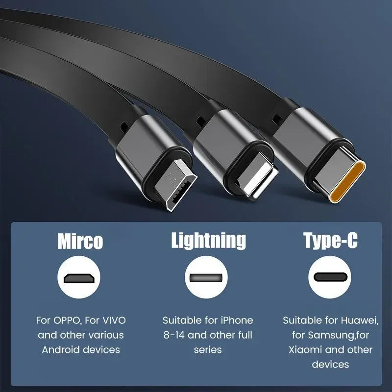 BowLift | TriConnect charging cable | 3-in-1 & retractable | 100W fast charging | for iPhone & Android