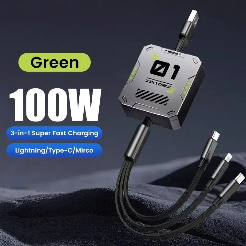 BowLift | TriConnect charging cable | 3-in-1 & retractable | 100W fast charging | for iPhone & Android