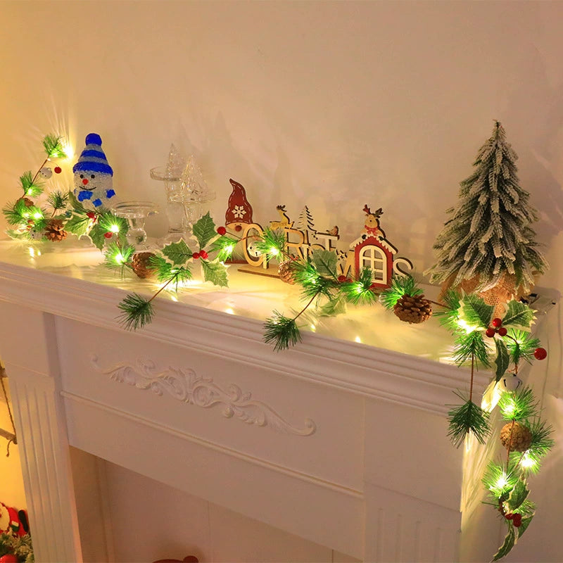 Christmas Lighted Red Berry Pine Cone Garland