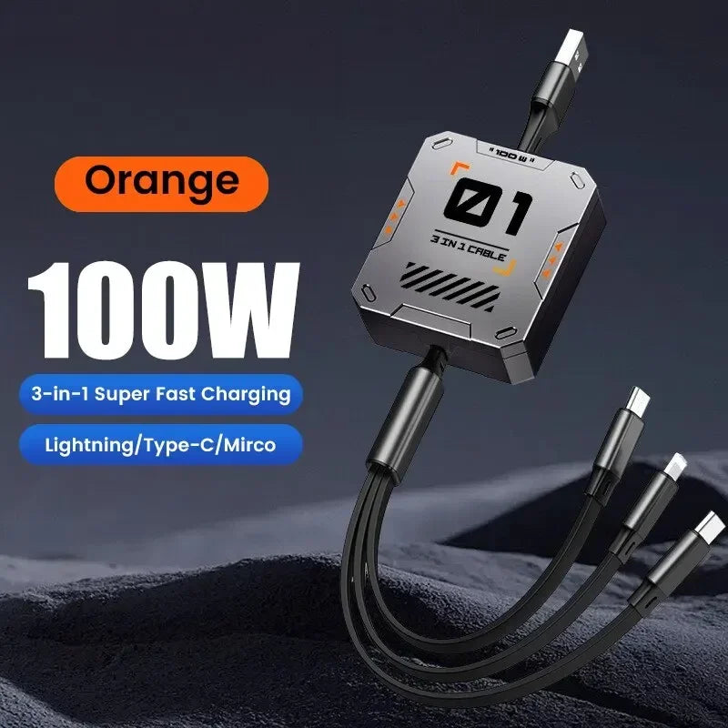 BowLift | TriConnect charging cable | 3-in-1 & retractable | 100W fast charging | for iPhone & Android