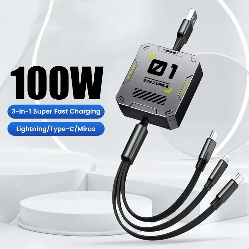 BowLift | TriConnect charging cable | 3-in-1 & retractable | 100W fast charging | for iPhone & Android