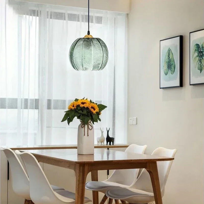 BowLift | Scandinavian Glass Pendant Lamp with Green Leaf Pattern