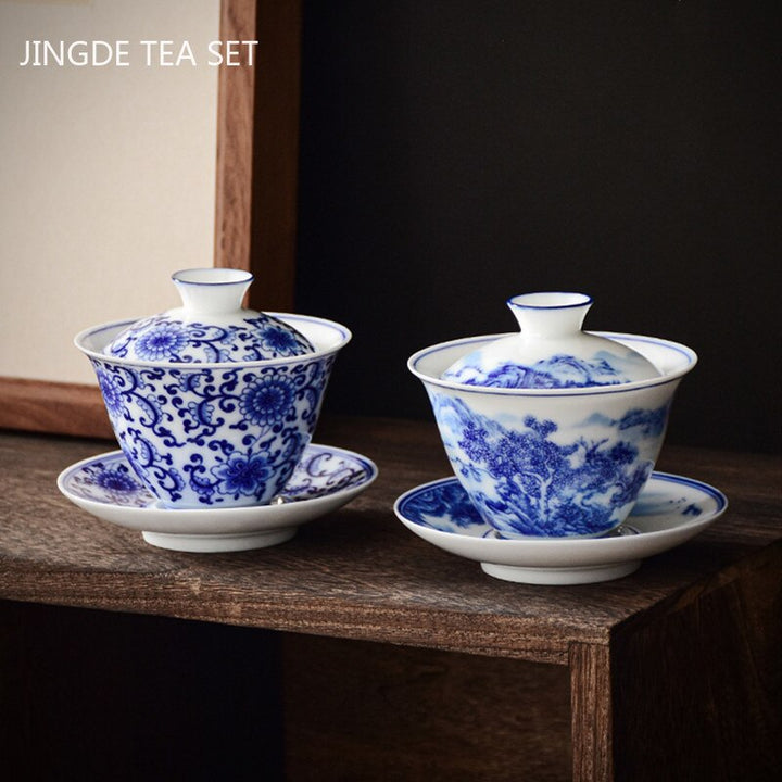 BowLift | PorceVive Gaiwan Tea Cup | Handcrafted Porcelain with Landscape Pattern | Chinese Tea Set with Lid