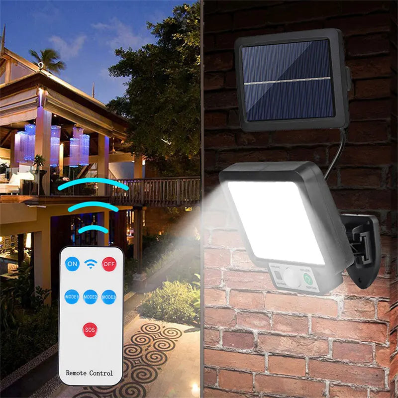 BowLift | LumoVolt Solar light with motion sensor | 72 COB LEDs | Remote control & 5 m solar panel cable | 3 modes | IP65 weatherproof