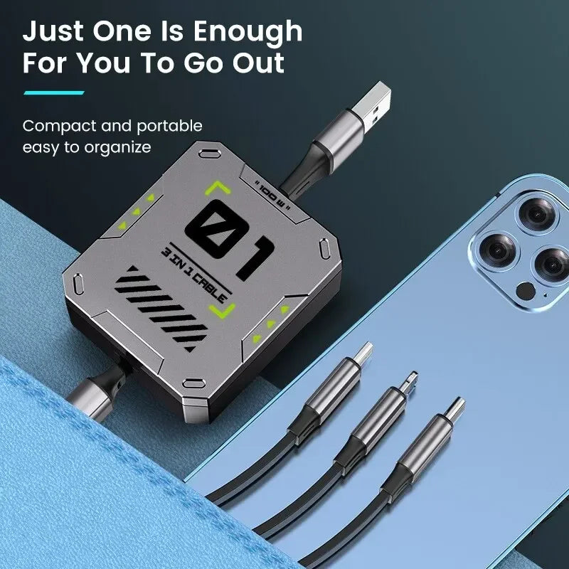 BowLift | TriConnect charging cable | 3-in-1 & retractable | 100W fast charging | for iPhone & Android