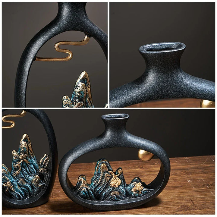 BowLift | TranquilPeak – Artistic Ceramic Mountain Landscape Vase | Elegant Black Interior Decor