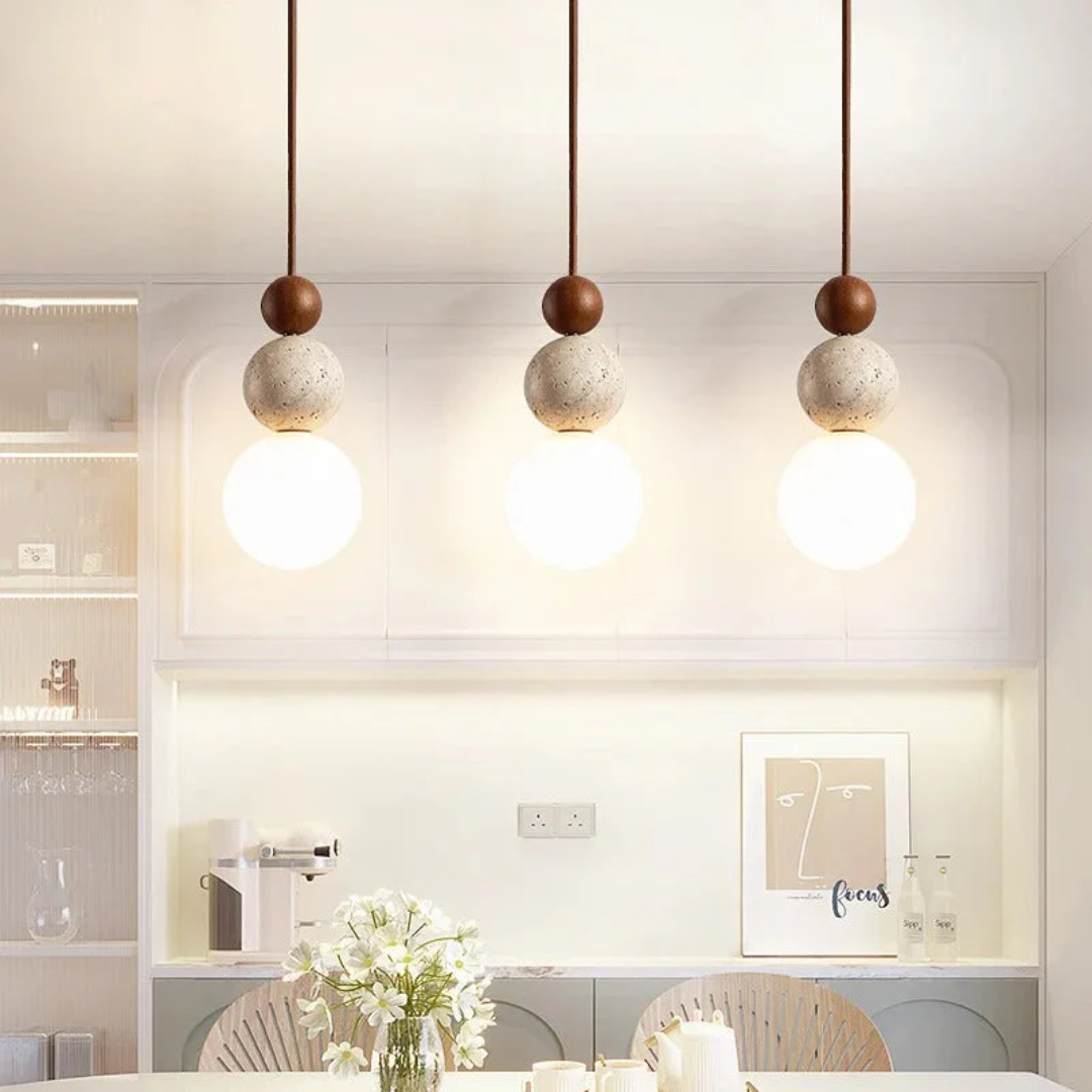 BowLift | Modern Travertine and Mahogany Pendant Light - NaturaLuxe