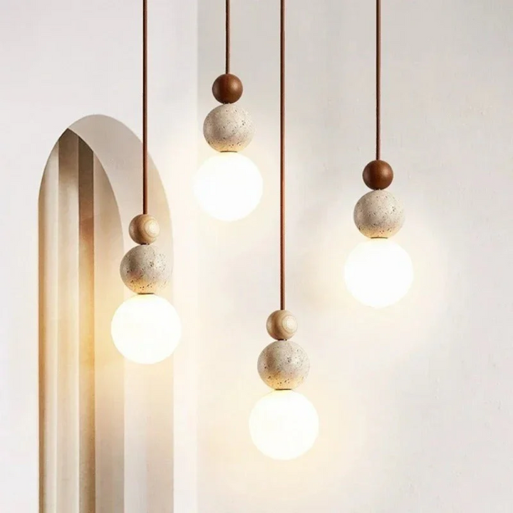 BowLift | Modern Travertine and Mahogany Pendant Light - NaturaLuxe