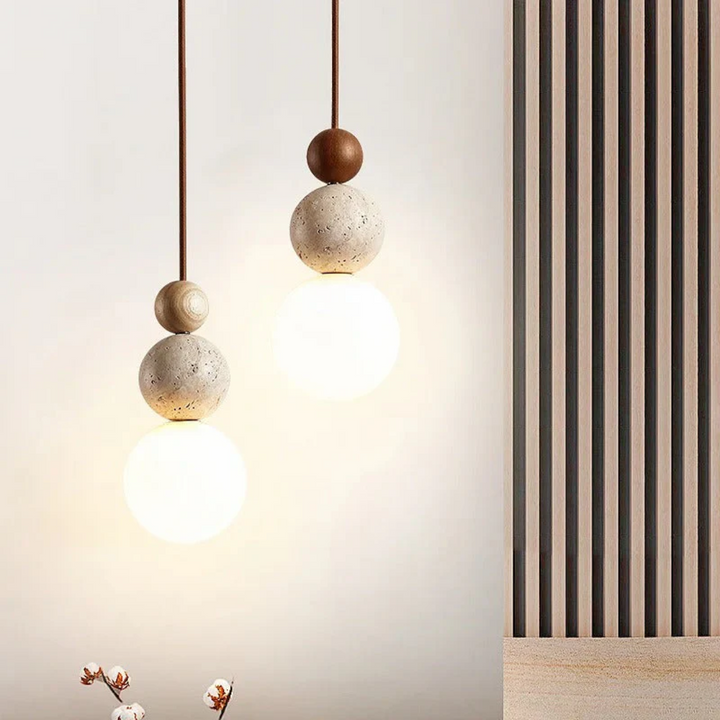 BowLift | Modern Travertine and Mahogany Pendant Light - NaturaLuxe
