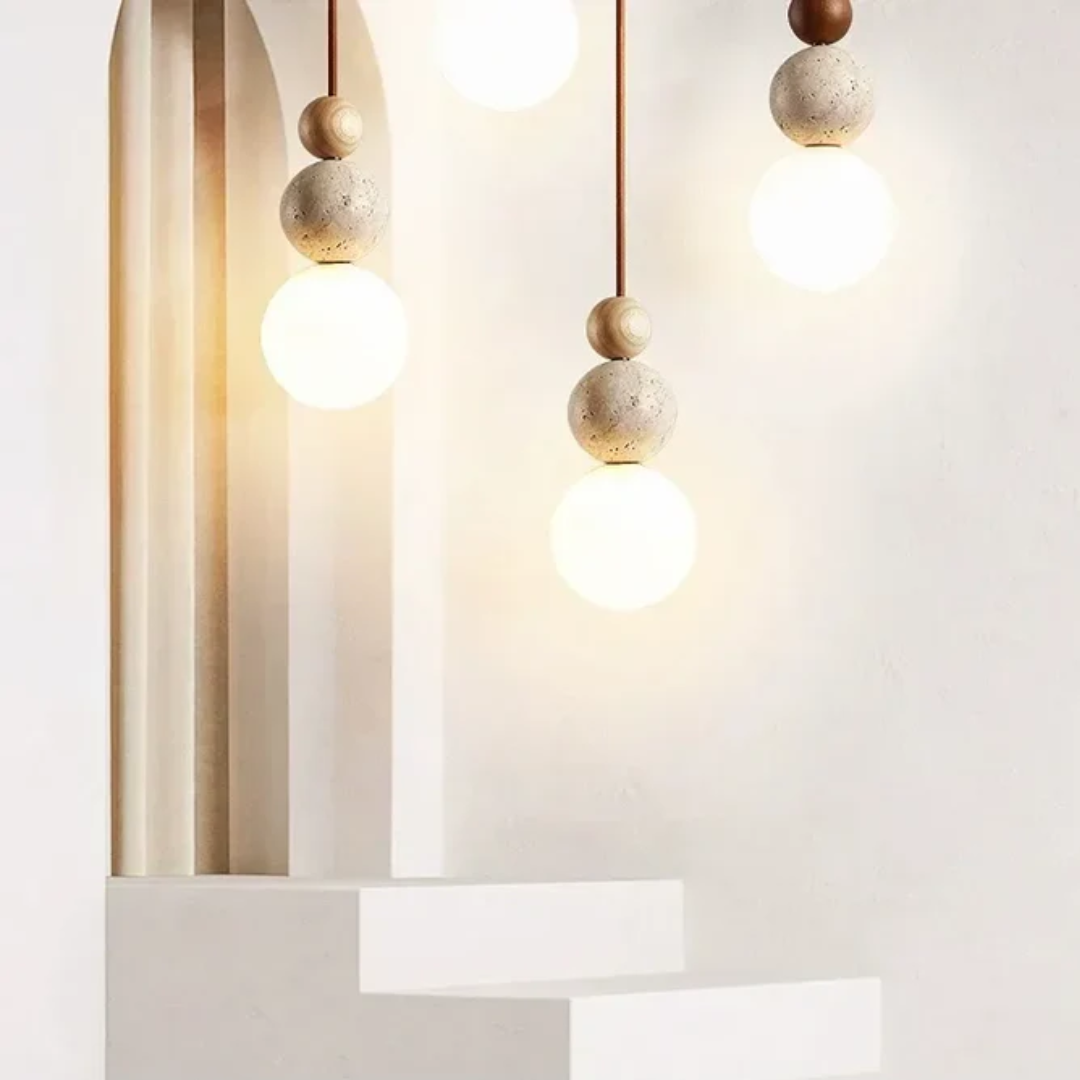 BowLift | Modern Travertine and Mahogany Pendant Light - NaturaLuxe